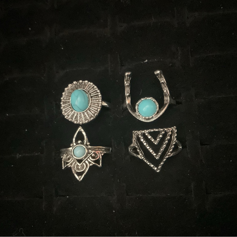 New x4 Silver Tone Rings Turquoise Inspired Blue Stone Boho Fashion Set Size 5/6